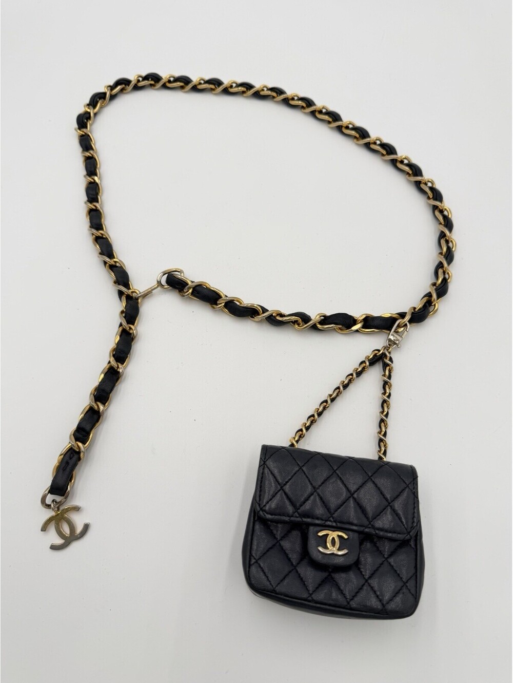 Chanel Vintage Gold Chain Belt Micro Bag & CC Charm One Size